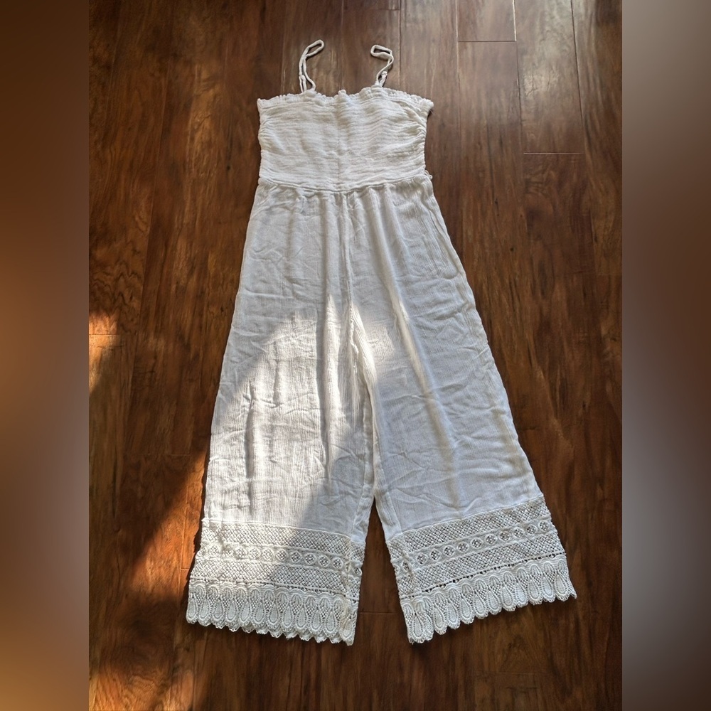 White Lace-Trim Girl’s Wide Leg Jumpsuit Romper Summer Swim Coverup Vacation